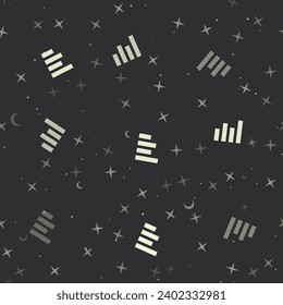 Patrón sin brillo con estrellas, símbolos de línea de gráfico sobre fondo negro. Cielo nocturno. Ilustración del vector sobre fondo negro