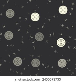 Nahtloses Muster mit Sternen, Schachbrettmuster Spielsymbole auf schwarzem Hintergrund. Der Nachthimmel. Vektorillustration auf schwarzem Hintergrund