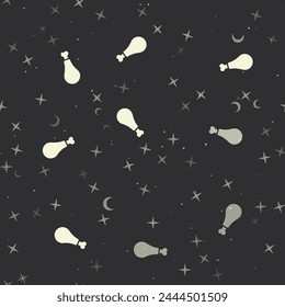 Seamless pattern with stars, chicken's leg symbols on black background. Night sky. Vector illustration on black background