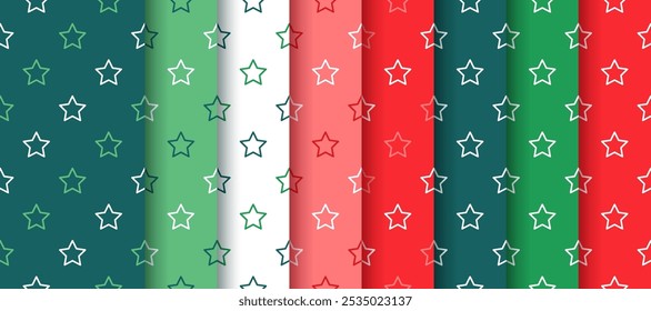 Padrão contínuo com estrelas. Fundo verde vermelho Natal. Xmas Impressões de feriado de Ano Novo. Conjunto de texturas noel. Cenários geométricos. Papéis festivos. Ilustração vetorial. Design plano.