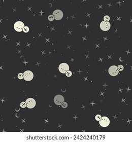 Seamless pattern with stars, Christmas snowmans on black background. Night sky. Vector illustration on black background