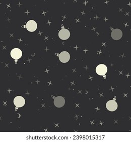 Seamless pattern with stars, Christmas tree toys on black background. Night sky. Vector illustration on black background