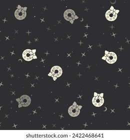 Seamless pattern with stars, christmas wreath symbols on black background. Night sky. Vector illustration on black background