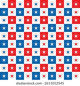 Seamless pattern with stars and circles in blue red white.Concept of America USA military veterans.Geometric abstract background vector graphic illustration.