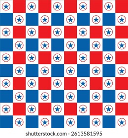 Seamless pattern with stars and circles in blue red white.Concept of America, USA military veterans.Geometric abstract background vector graphic illustration.