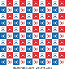 Seamless pattern with stars and circles in blue red white.Concept of America, USA military veterans.Geometric abstract background vector graphic illustration.