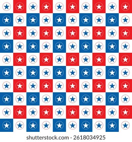 Seamless pattern with stars and circles in blue red white.Concept of America USA military veterans.Geometric abstract background vector graphic illustration.