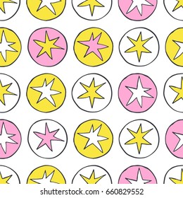 Seamless pattern of stars in circles on white background. Design for backdrops with space.