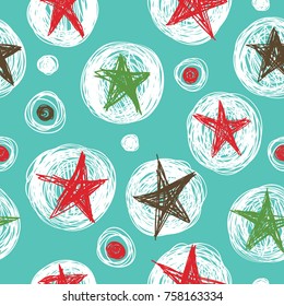 Seamless pattern with stars and circles on a blue background.
