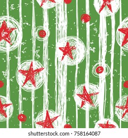 A seamless pattern with stars, circles and a vertical strip on a green background.
