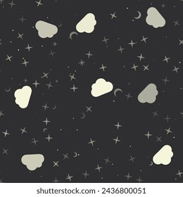 Seamless pattern with stars, cloud symbols on black background. Night sky. Vector illustration on black background