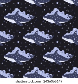 Seamless pattern with stars, clouds and celestial blue whale, dream with whale. Vector illustration for children, patterns, textiles, fabrics