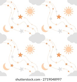 Padrão contínuo com estrelas, nuvens, lua e sol em um fundo branco