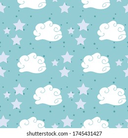 Seamless pattern with stars and clouds on blue background