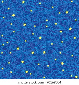 Seamless pattern with stars and clouds.  Vintage style. Wallpaper, wrapping paper or fabric design for children. Astronomy, astrology, magic. Coloring book for kids and adults.