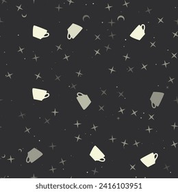 Seamless pattern with stars, coffee cup symbols on black background. Night sky. Vector illustration on black background