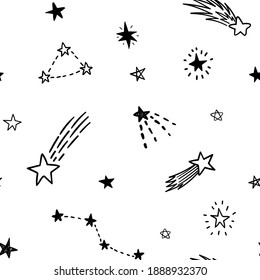 Seamless pattern with stars, comet and constellation on white background