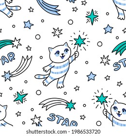 Seamless pattern with stars, comet and cute cat holding magic wand in its paws. Childish fabric design. Hand-drawn repeat background in cartoon style.