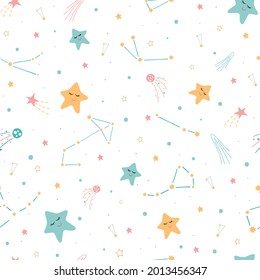 Seamless pattern stars, comets, constellations.Can be use for typography cards,baby wears, children's clothing,wallpaper,bed linen. Cute characters ii pink, blue,yellow colours.White background