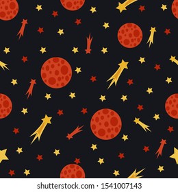 Seamless pattern with stars and comets on a black background. Vector   illustration for children textile.
