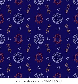 Seamless pattern with stars and comets on a blue background. Vector.