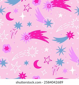 Seamless pattern with stars and comets on a pink background. Vector graphics.