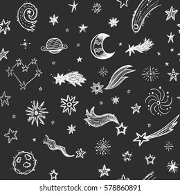 Seamless pattern with stars, comets and planets on a blackboard background
