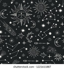 Seamless pattern with stars, comets, suns, moon, constellation, Children repeat background.