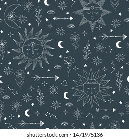 Seamless pattern with stars, comets, suns, moon, constellation, Children wallpaper background. 