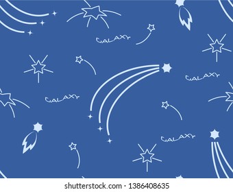Seamless pattern with stars, comets and word GALAXY. Can be used for T-shirts, pajamas, fabrics, wallpapers, diaries, school exercise books, decoration.