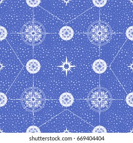 Seamless pattern with stars and with a compass rose on a blue background with geometric elements