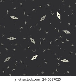 Seamless pattern with stars, compass symbols on black background. Night sky. Vector illustration on black background