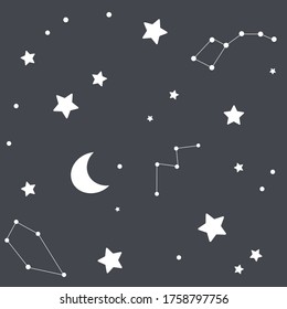 Un patrón impecable con estrellas, constelaciones y la luna. Un fondo oscuro