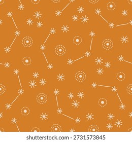 Seamless pattern with stars and constellations on yellow background. Perfect for wallpaper, gift paper, children greeting cards. Vector hand drawn illustration
