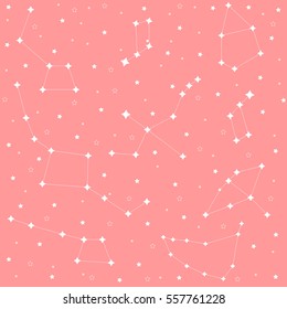 Seamless pattern with stars and constellations, pink background. Vector illustration.