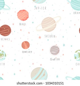 Seamless pattern with stars, constellations, planets and hand drawn elements. Childish universe texture. Great for fabric, textile Vector Illustration