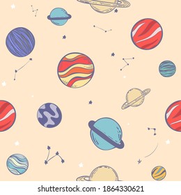 Seamless pattern with stars, constellations, planets and hand drawn elements. Childish texture. Great for fabric, kids background ,textile Vector Illustration