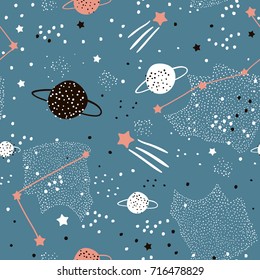 Seamless pattern with stars, constellations, planets and hand drawn elements. Childish texture. Great for fabric, textile Vector Illustration