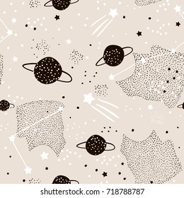 Seamless pattern with stars, constellations, planets and hand drawn elements. Childish texture. Great for fabric, textile Vector Illustration