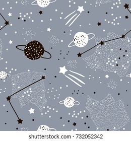 Seamless pattern with stars, constellations, planets and hand drawn elements. Childish universe texture. Great for fabric, textile Vector Illustration