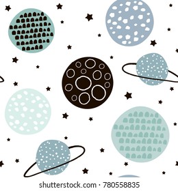 Seamless pattern with stars, constellations, planets and hand drawn elements. Childish texture. Great for fabric, textile Vector Illustration