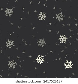 Seamless pattern with stars, coral symbols on black background. Night sky. Vector illustration on black background