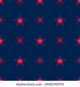 Patrón sin fisuras con estrellas, patrón cósmico. Azul oscuro con rojo 