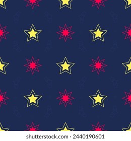 Patrón sin fisuras con estrellas, patrón cósmico. Azul oscuro con rojo y amarillo