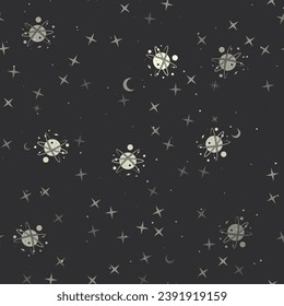 Seamless pattern with stars, cosmic symbols on black background. Night sky. Vector illustration on black background