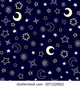 Seamless pattern with stars and crescent moon. Decorative dark background. Vector illustration.