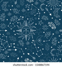 Seamless pattern with stars, crescent, suns, moon, constellation, Scandinavian wallpaper design.
