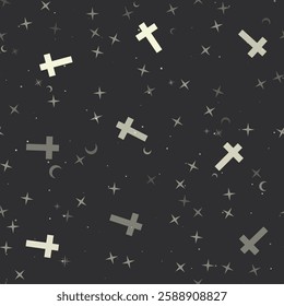 Seamless pattern with stars, cross symbols on black background. Night sky. Vector illustration on black background