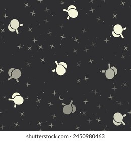 Seamless pattern with stars, crossed ping pong rackets symbols on black background. Night sky. Vector illustration on black background