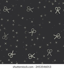 Seamless pattern with stars, crossed tennis rackets symbols on black background. Night sky. Vector illustration on black background